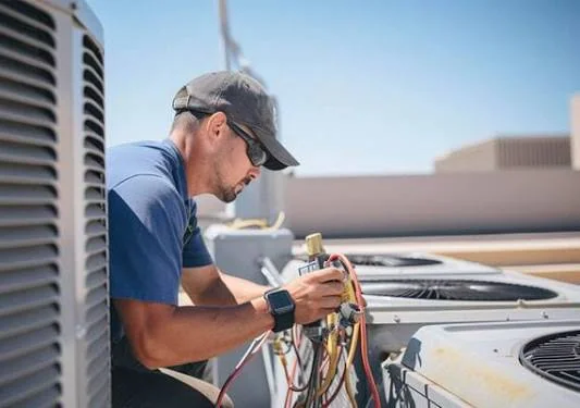 HVAC technician checking rooftop cooling equipment with service gauges
